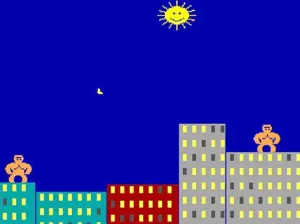 DOS game Gorillas with two figures on high-rise buildings
